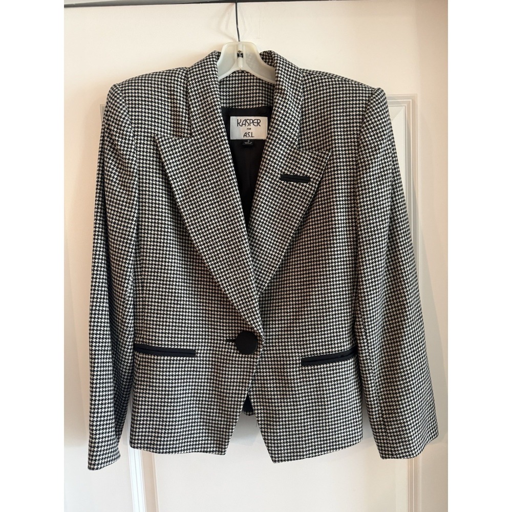 Kasper A.S.L Womens Blazer Size 8 Black White Houndstooth Jacket